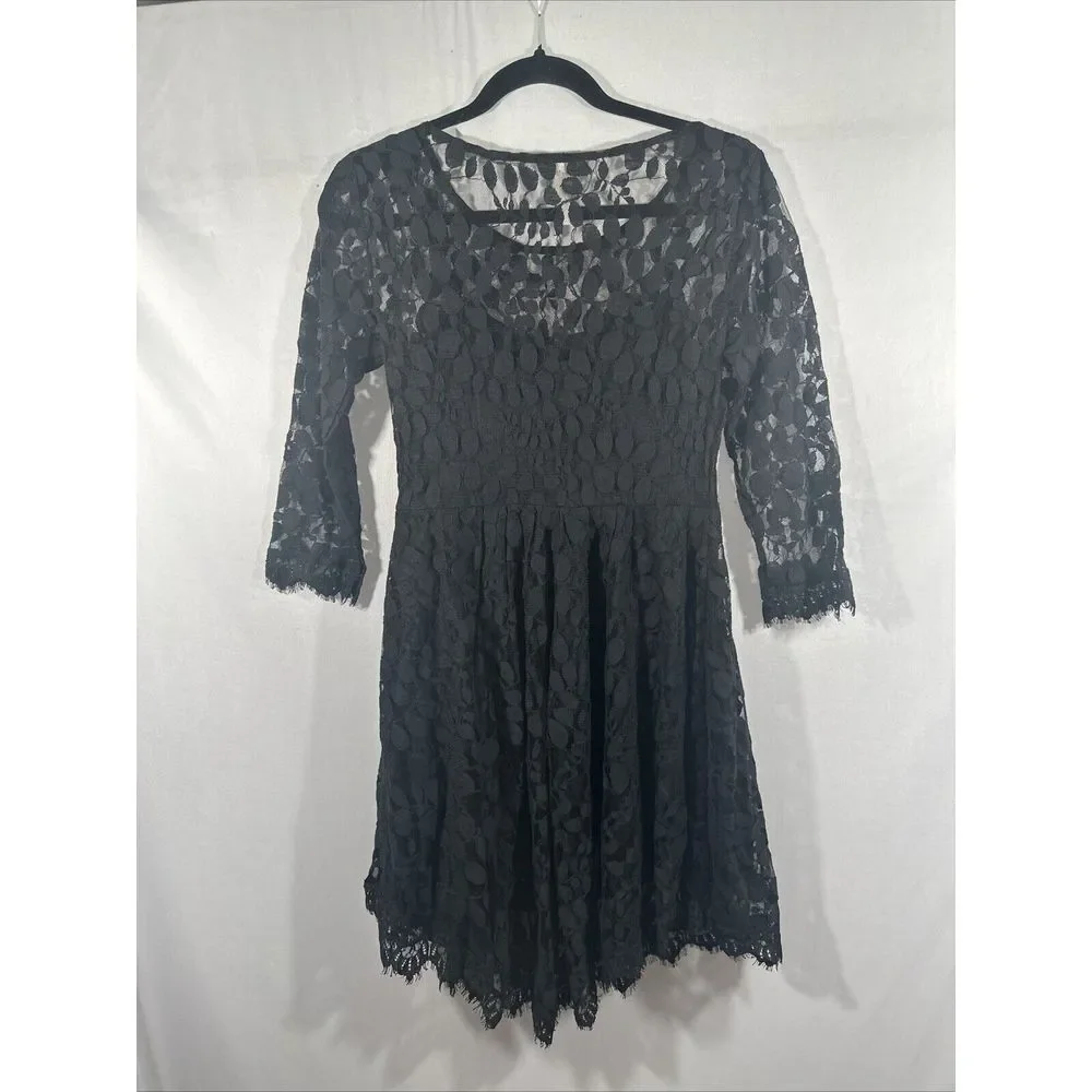 NEW $128 Free People [ 4 ] Skater‎ Floral Mesh Lace Dress in Black #u1184